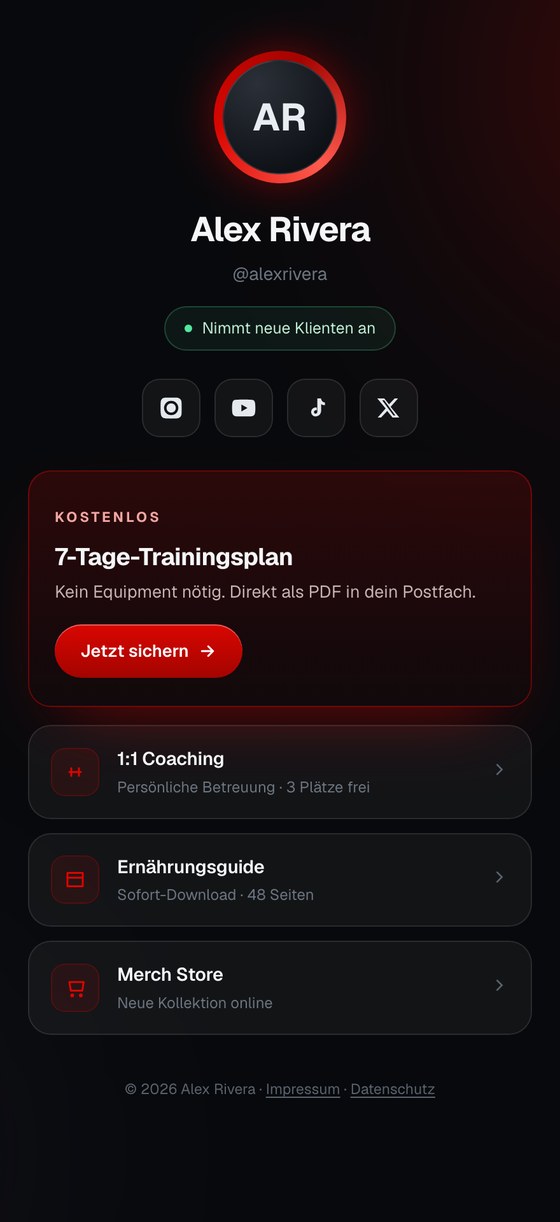 Link-in-Bio im dunklen, kontrastreichen Stil für einen Fitness-Coach