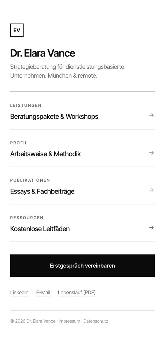 Link-in-Bio im minimalistischen Schwarz-Weiß-Stil für eine Beratung